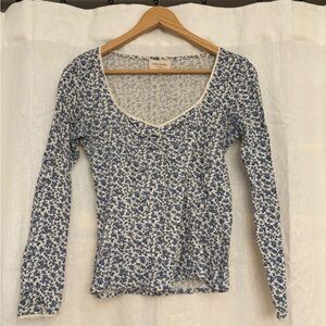 Sezane Blue and Cream Floral Long Sleeve Tee
